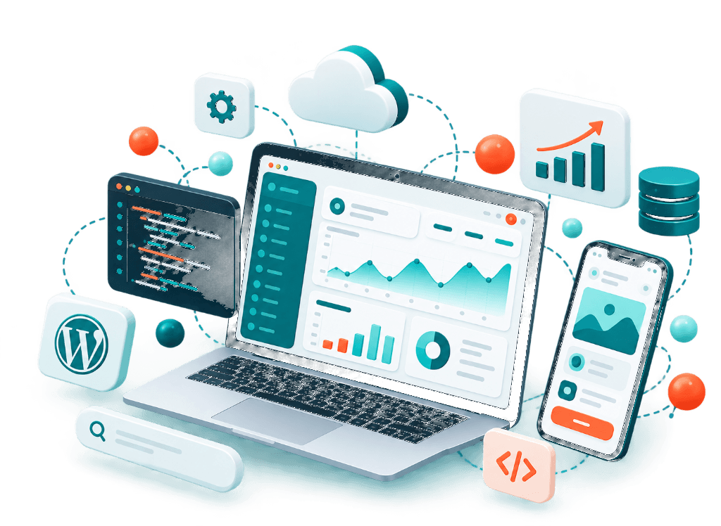 3D illustration of connected web, mobile, cloud, and product systems